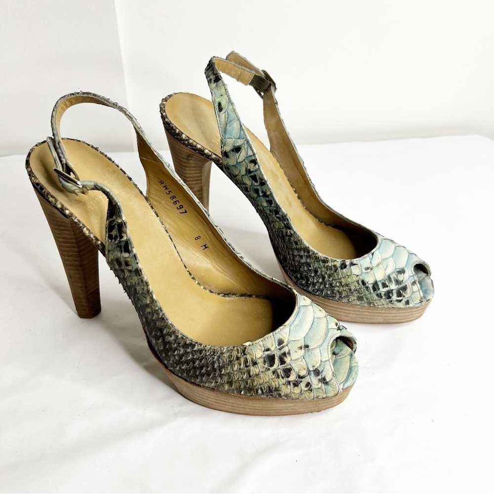 Slingback Peep-Toe High Heels in Green Python Print